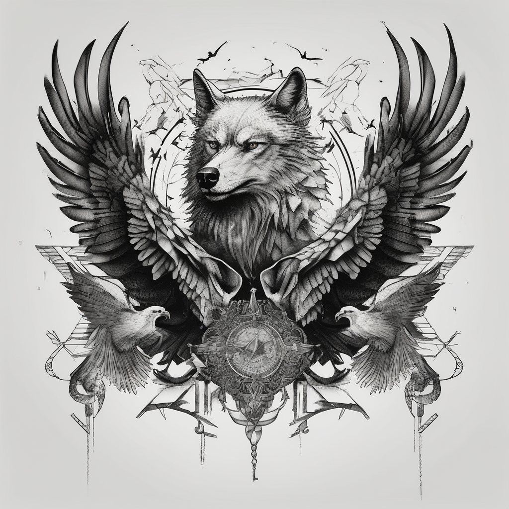 wolf, crow, eagle tattoo floral sleeve tattoo, AI-generated Surreal tattoo design
